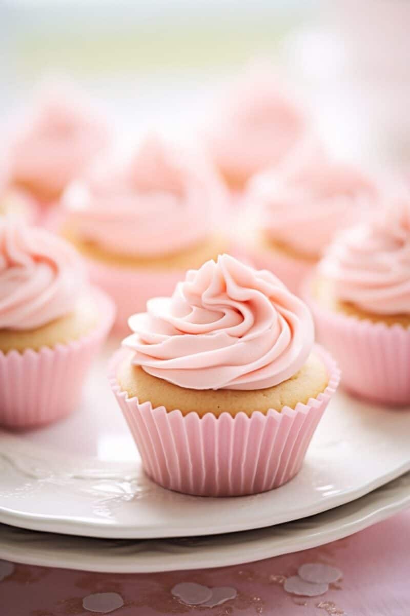Pink Buttercream Cupcakes with smooth, vibrant pink frosting on top, arranged neatly, ready to be enjoyed.