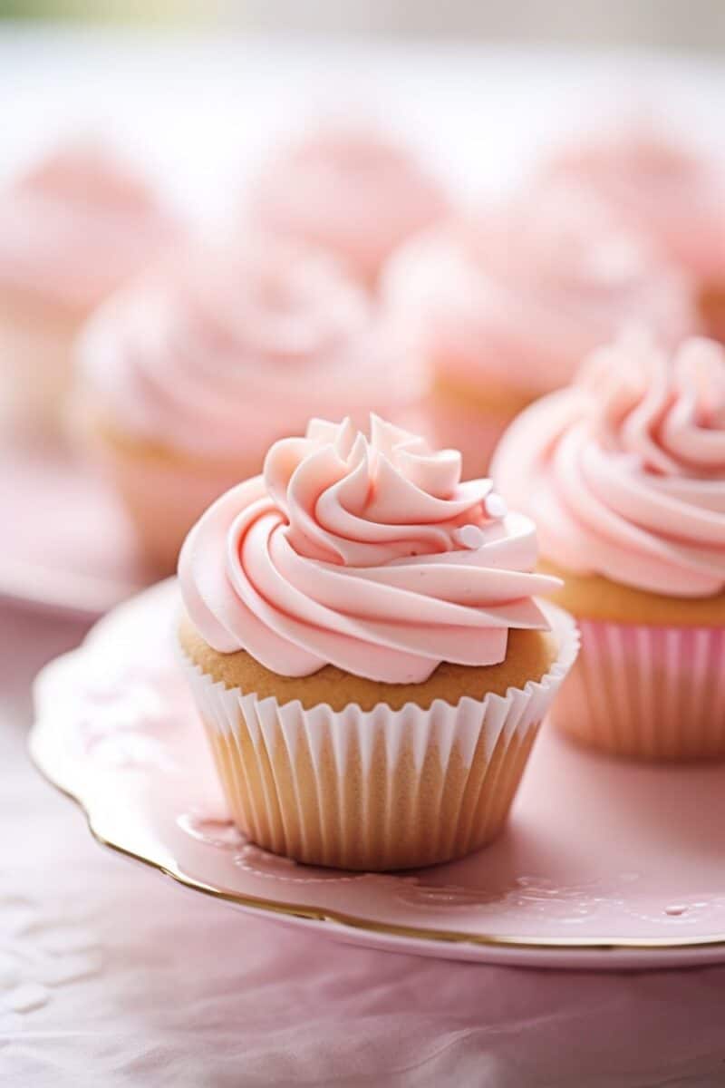 A single Pink Buttercream Cupcake in sharp focus on the forefront of a white plate, with additional cupcakes blurred in the background, highlighting its pink, creamy frosting.