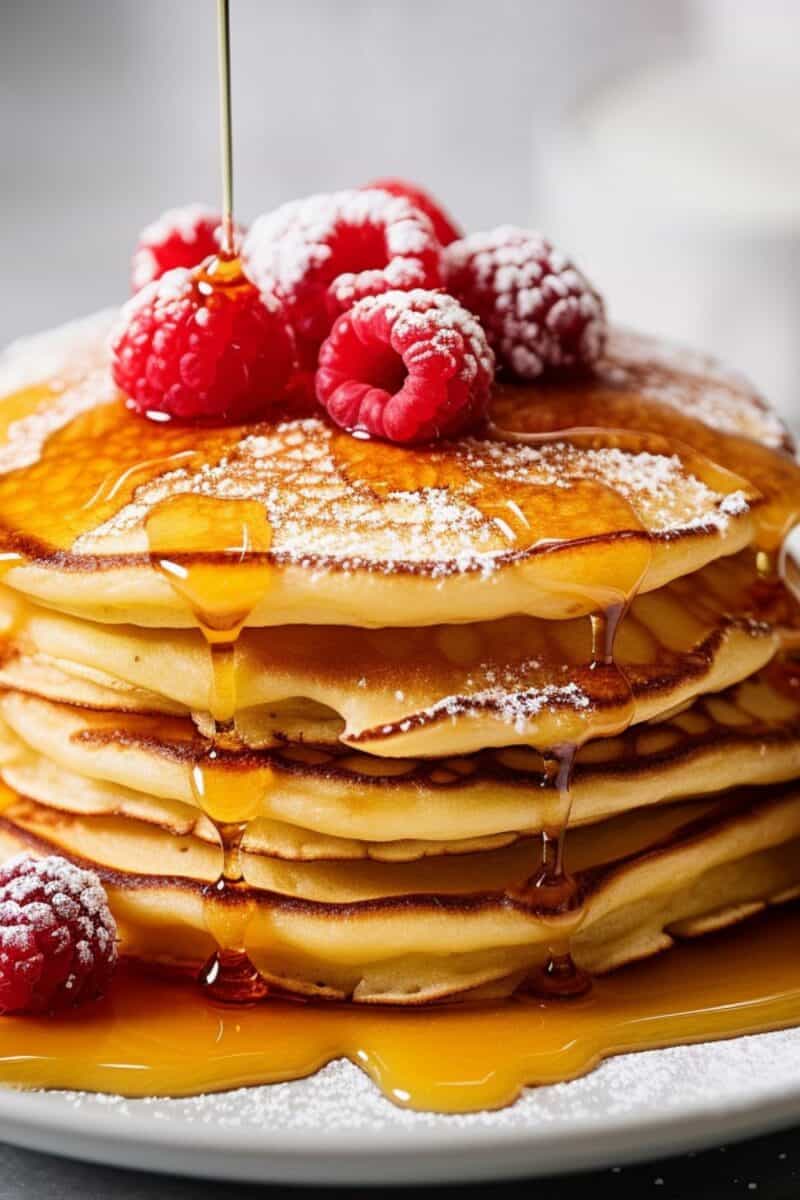 Close-up of raspberry pancakes on a white plate, highlighting the fluffy texture and the embedded raspberries, with a light sprinkle of confectioners' sugar on top.