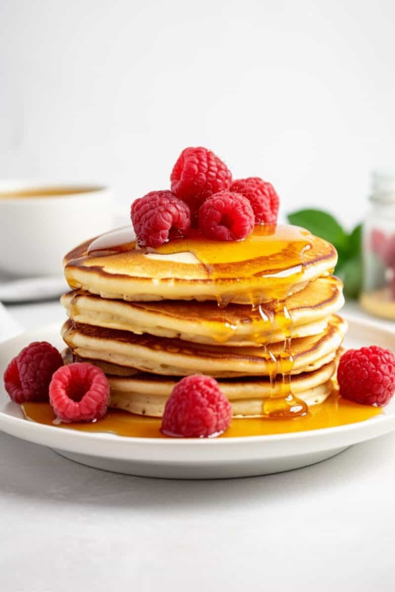 Golden pancakes arranged in a neat stack on a white plate, topped with a handful of fresh raspberries and a generous drizzle of maple syrup, with a fork on the side.