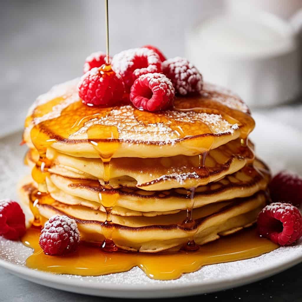 A stack of fluffy raspberry pancakes topped with fresh raspberries and a drizzle of maple syrup on a white plate.