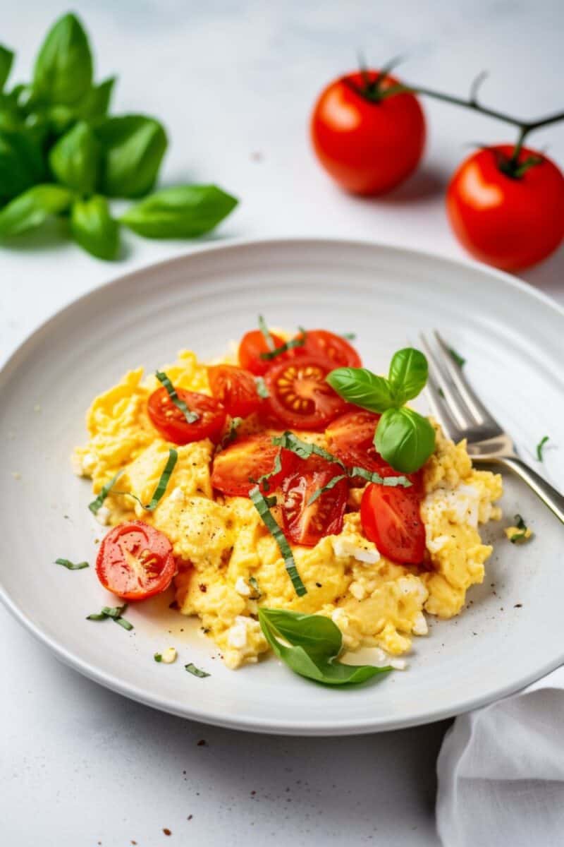 A plate of fluffy scrambled eggs mixed with bright red cherry tomatoes, garnished with fresh herbs, on a white plate with a silver fork on the side.