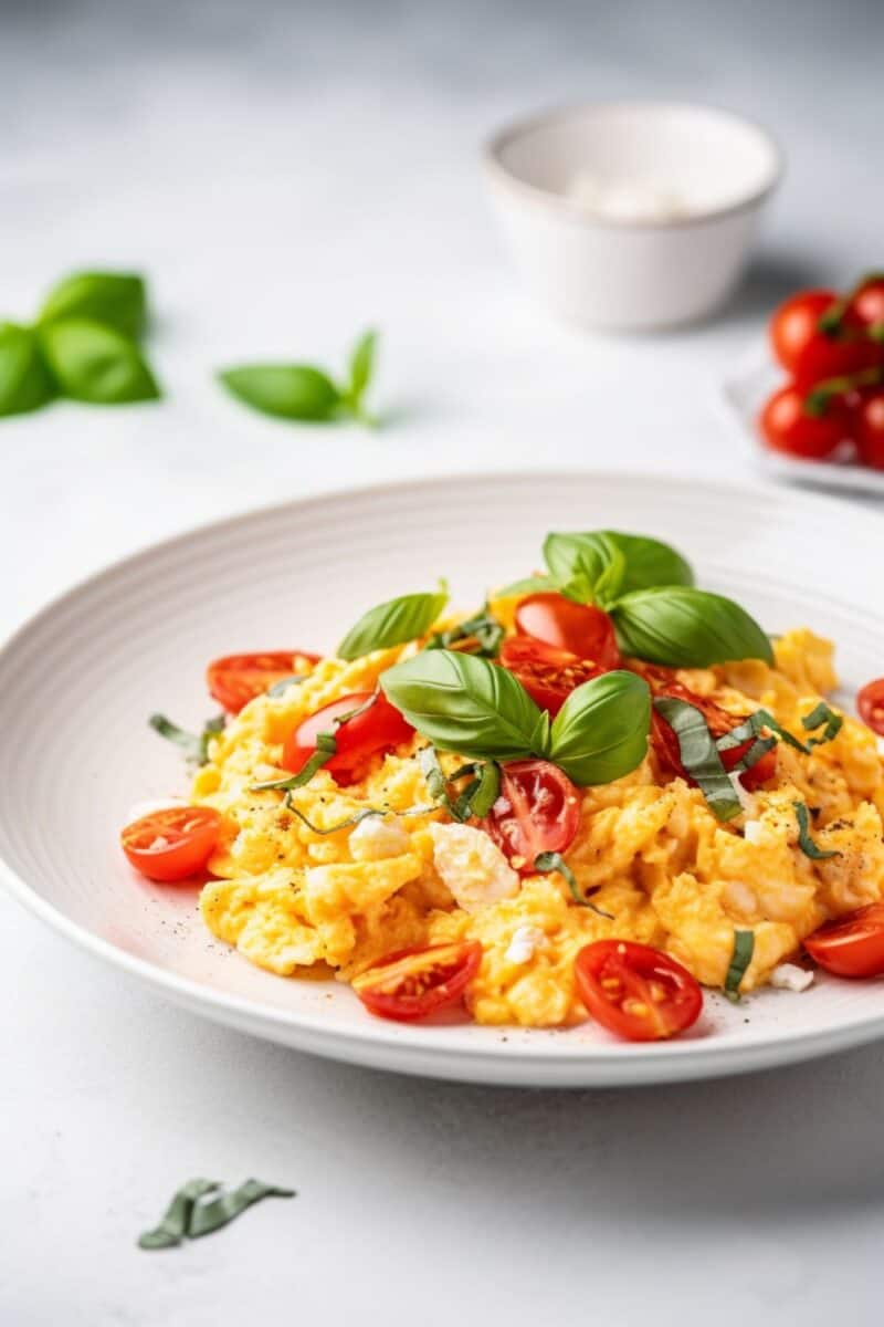Scrambled eggs with cherry tomatoes in a white ceramic plate, garnished with fresh green herbs.