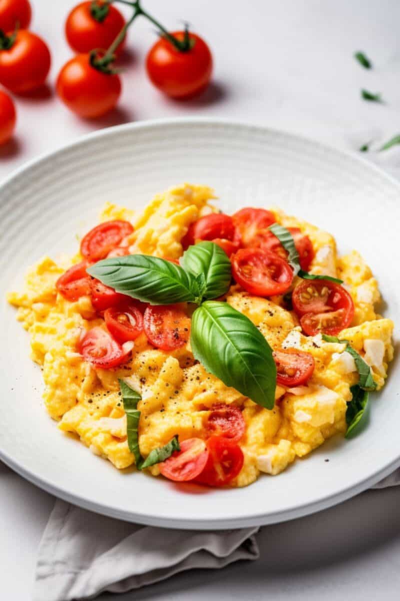 Cherry tomatoes with scrambled eggs on a white plate top view.
