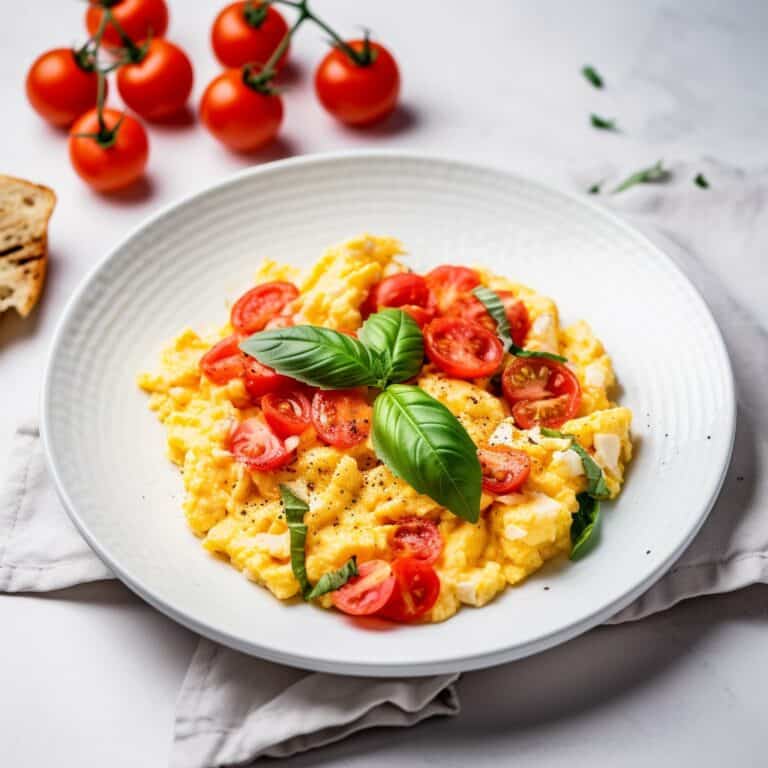 A plate of fluffy scrambled eggs mixed with bright red cherry tomatoes, garnished with fresh herbs, on a white plate.