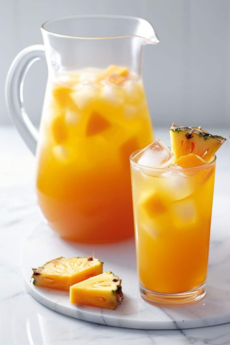 A summer-themed setting featuring a glass pitcher of Vodka Party Punch, brimming with ice cubes and a variety of citrus fruits. Alongside is a highball glass with the punch.