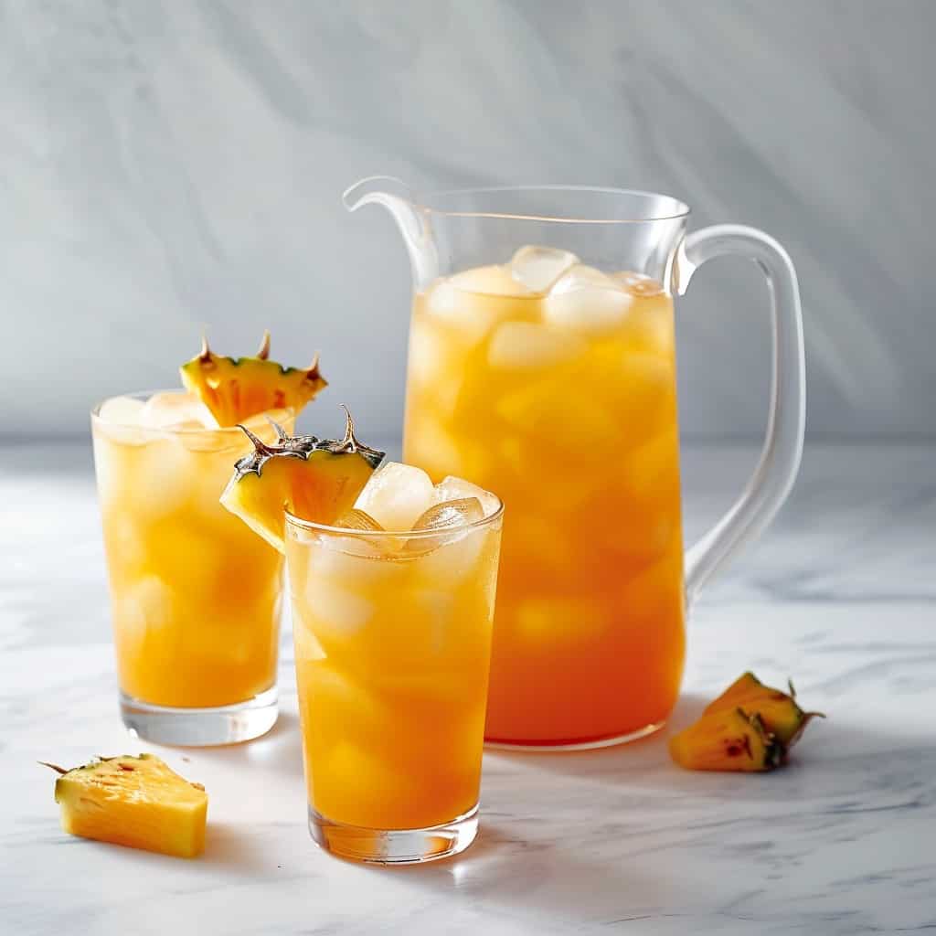 A summer-themed setting featuring a glass pitcher of Vodka Hawaiian Punch, brimming with ice cubes and a variety of citrus fruits. Alongside is a highball glass with the punch.
