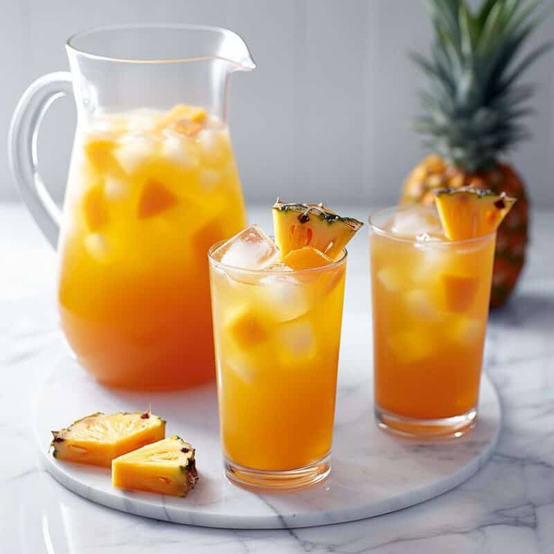 A pitcher filled with vibrant Vodka Party Punch, surrounded by several glasses filled with the same vodka punch.