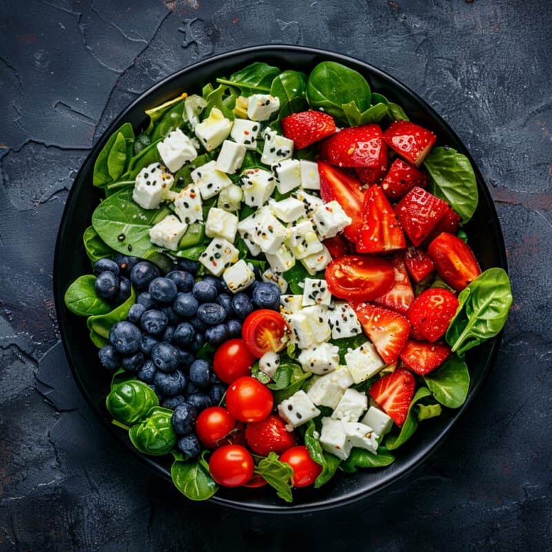 A vibrant 4th of July salad featuring a bed of spinach topped with juicy strawberries, plump blueberries, grape tomatoes, and creamy feta cheese.