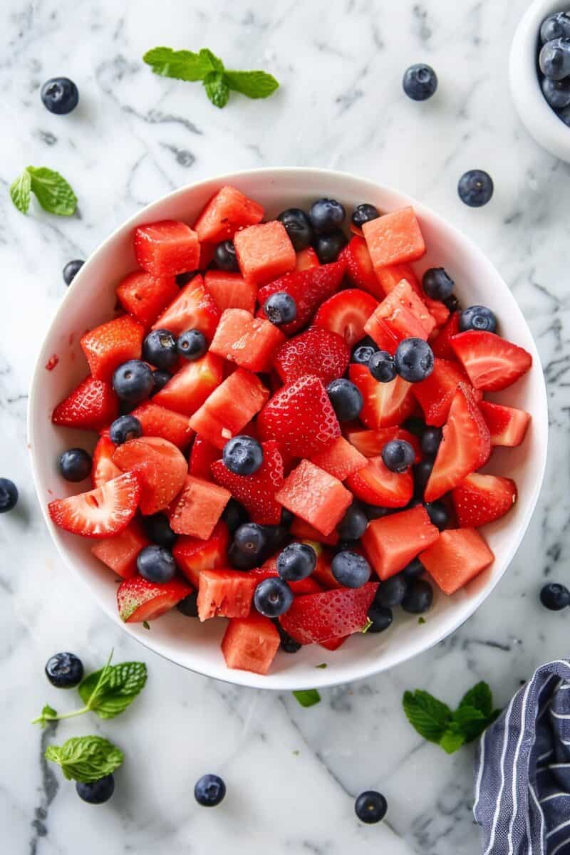 uicy watermelon, strawberries, and blueberries in a lime-infused dressing, perfect for hot weather refreshment.