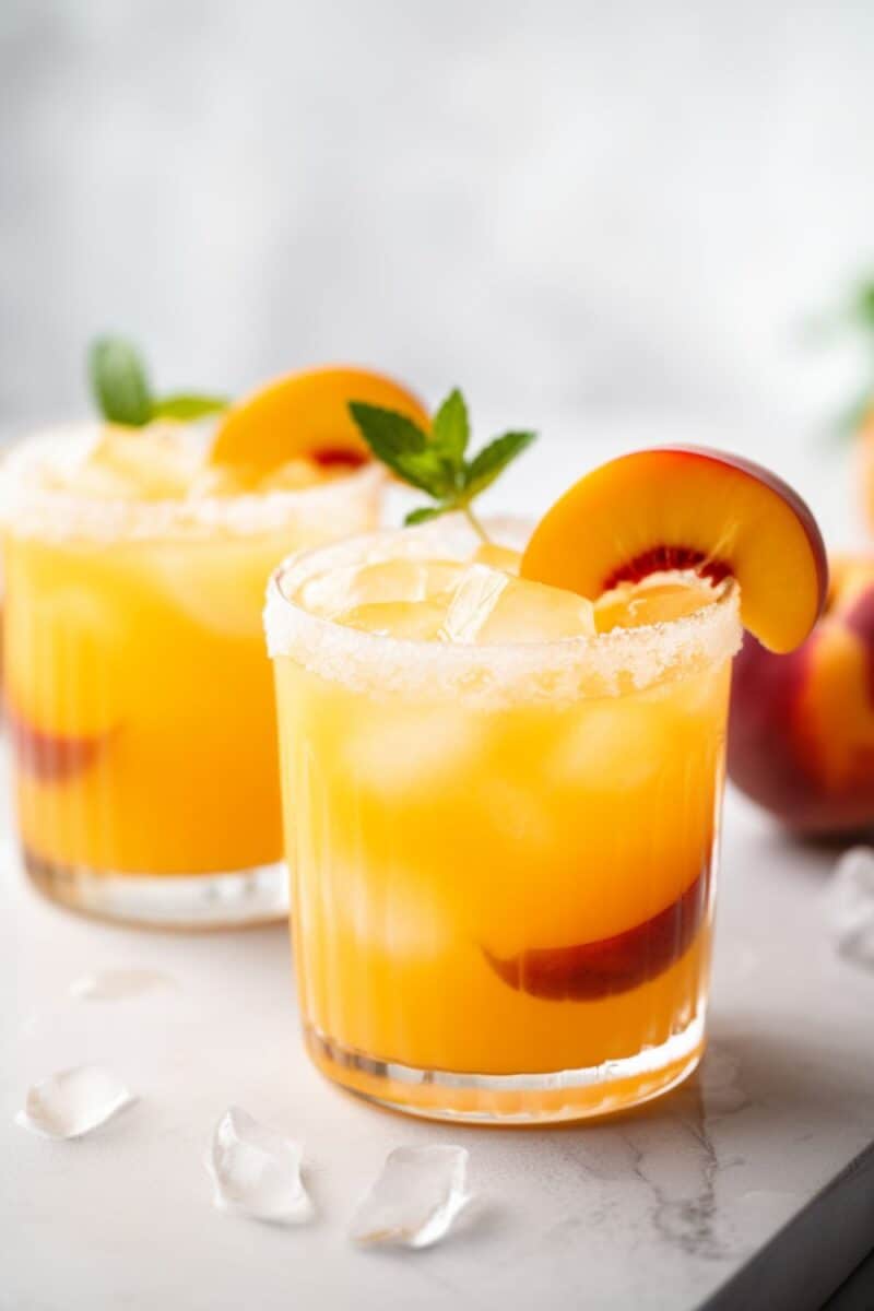 Two chilled glasses of Big Batch Peach Margaritas, side by side, with condensation on the outside, filled with the golden peach-colored cocktail, garnished elegantly with thin peach slices and a lime wedge on the rim, set against a light, neutral background to highlight the drink's refreshing appeal.