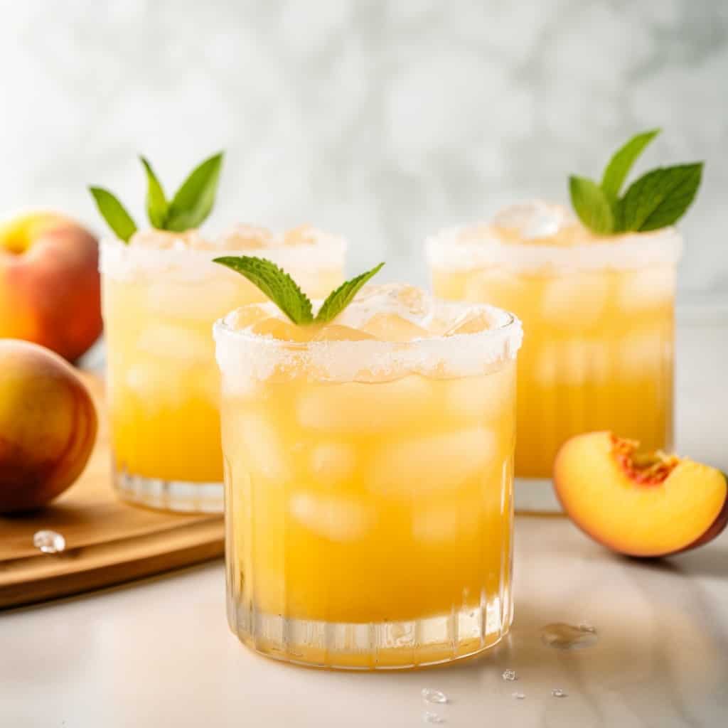 A festive setting with multiple glasses of Peach Margaritas, ready for a party, decorated with fresh peach wedges and vibrant green lime slices.