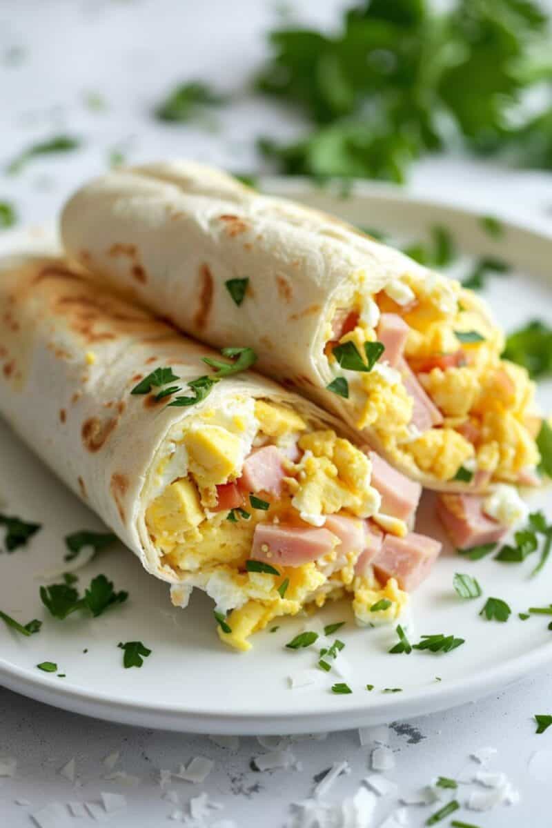 A delectable Breakfast Egg Wrap Burrito filled with soft scrambled eggs, melted cheddar, and diced ham, wrapped in a warm flour tortilla, ready for a hearty start to the day.
