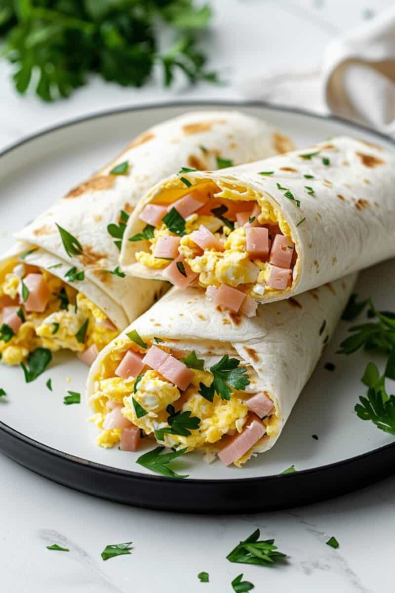 An Egg and Ham Wrap featuring tender scrambled eggs intertwined with chunks of ham, enveloped in a lightly toasted tortilla, garnished with a sprinkle of herbs for a satisfying meal.