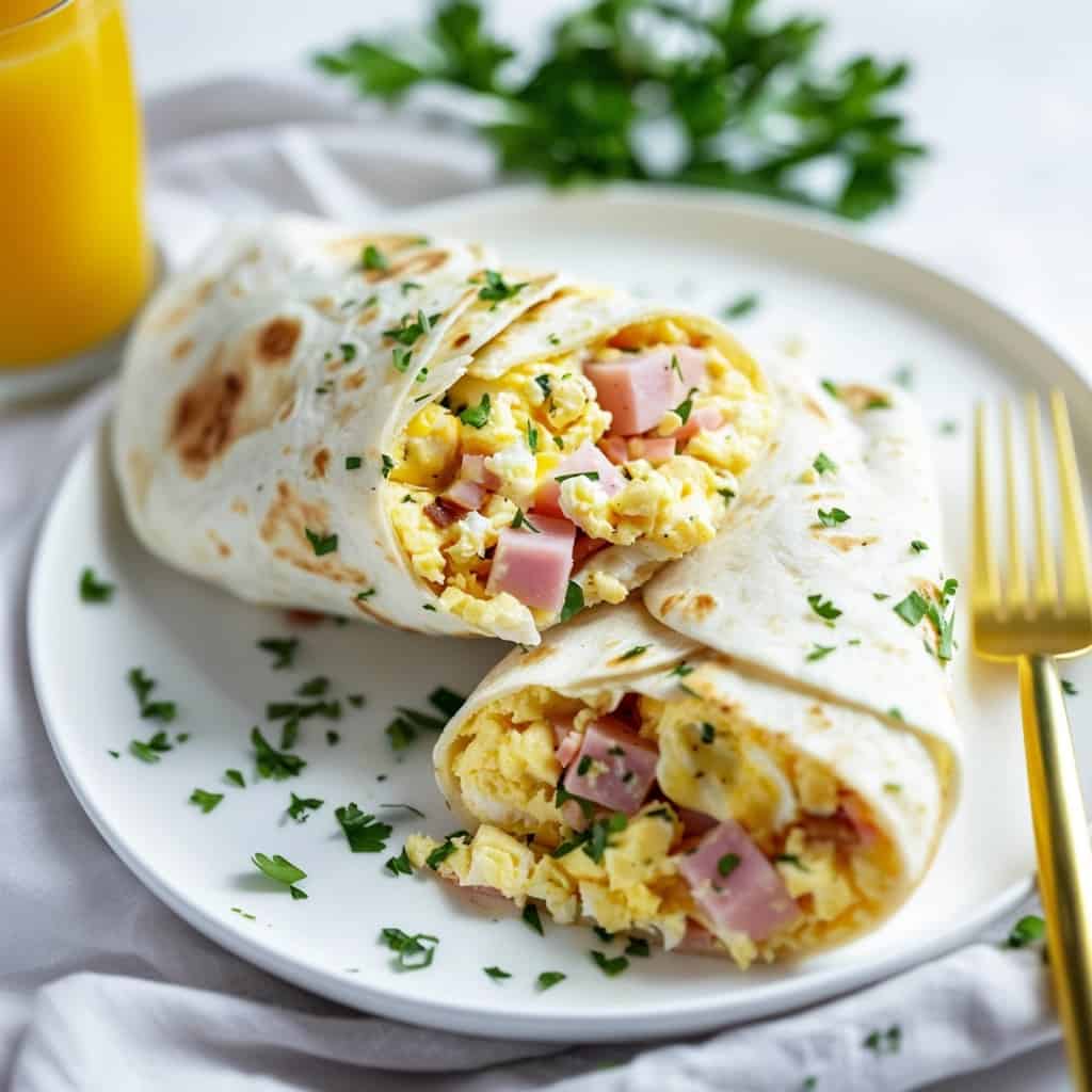 A freshly made Breakfast Egg Wrap Burrito, filled with scrambled eggs, diced ham, melted cheddar cheese, and sprinkled with chives, wrapped snugly in a soft flour tortilla, ready to be enjoyed for a fulfilling meal.