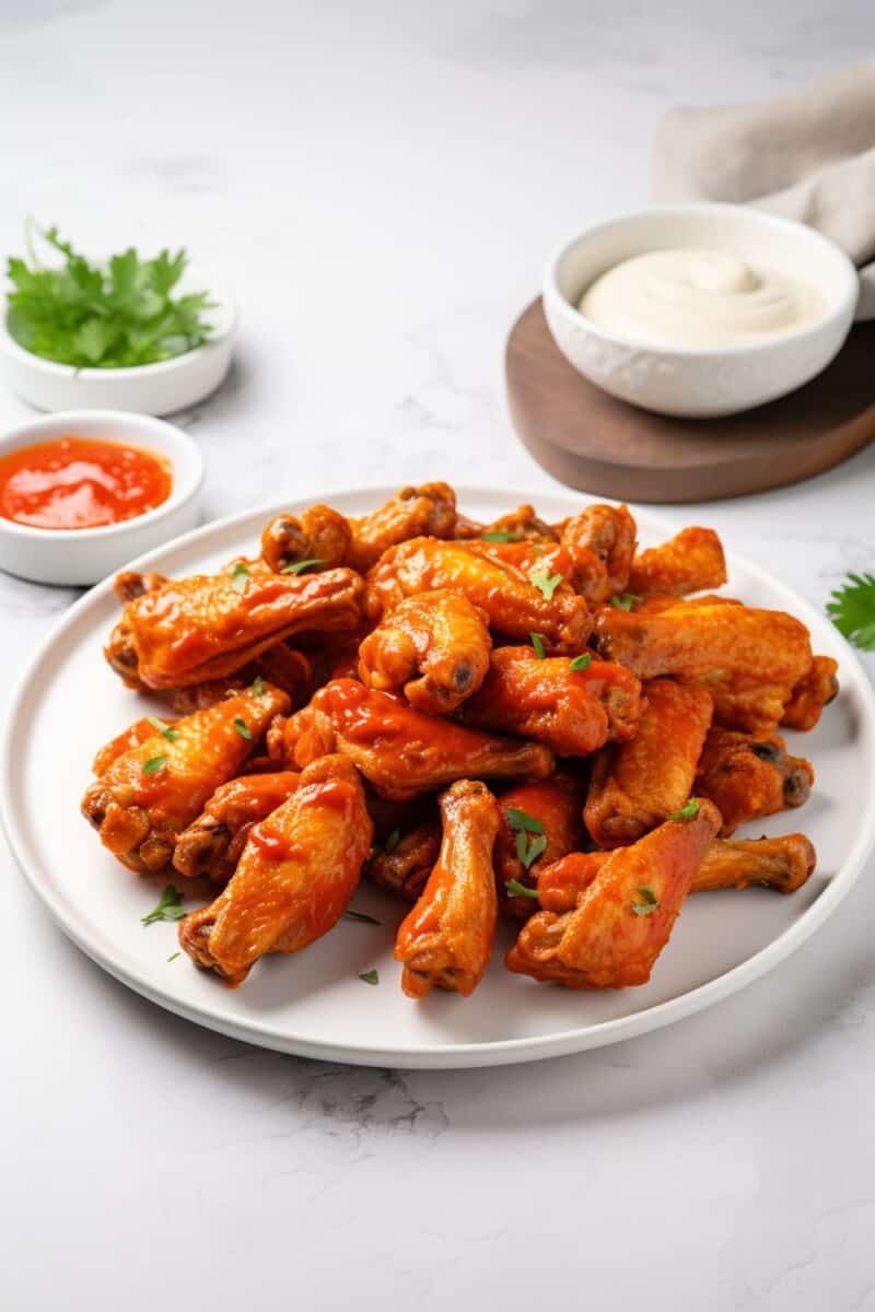 Crispy fried chicken wings drenched in vibrant red Buffalo sauce, served on a white plate with ranch dressing.