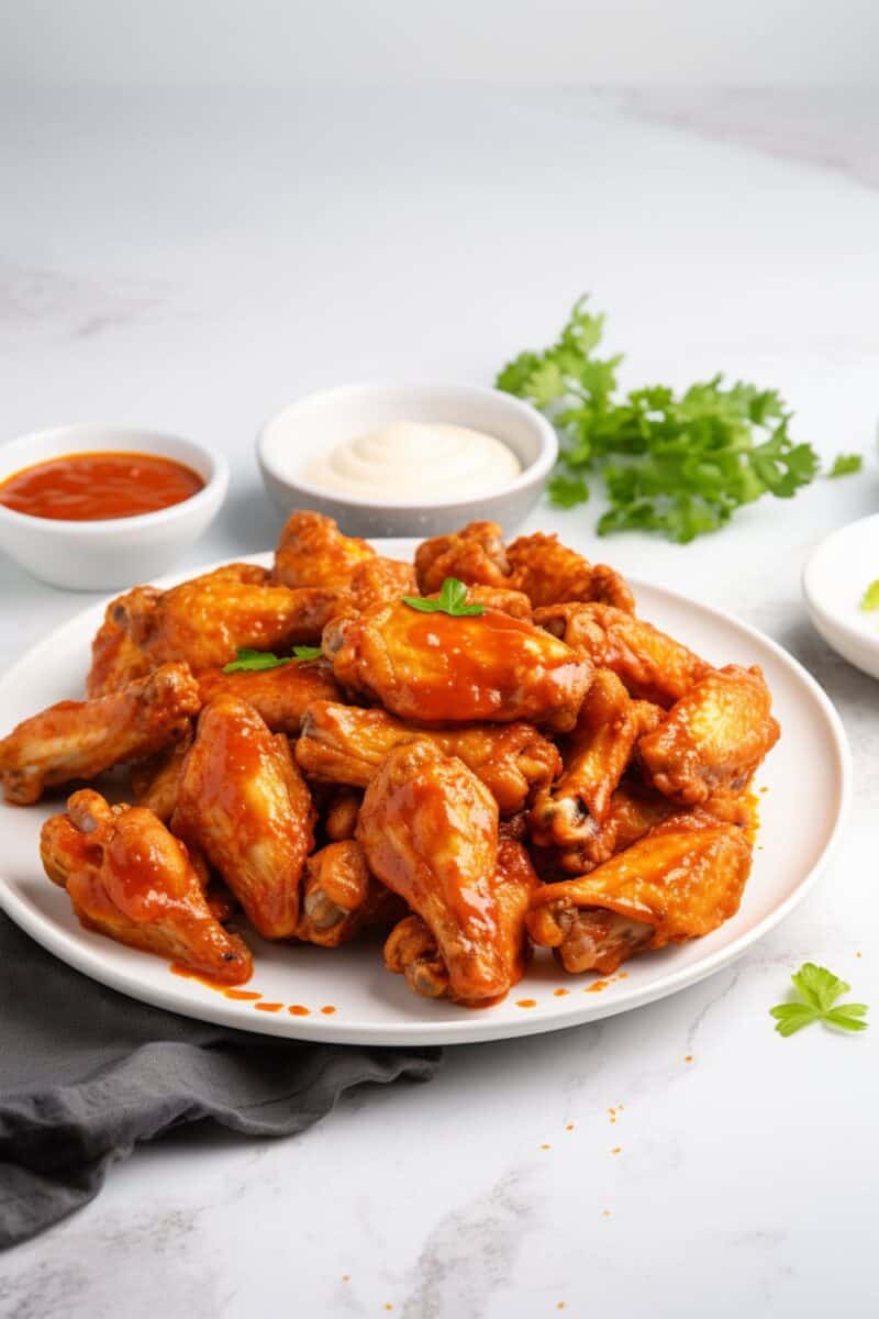A plate of steaming hot Buffalo wings coated in a glossy, spicy sauce, and a side of blue cheese dip.