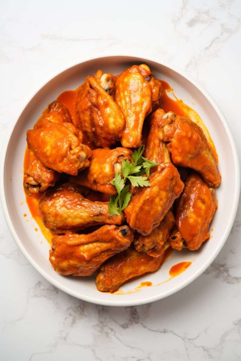 Top view of a vibrant array of Buffalo Chicken Wings spread out on a large platter.