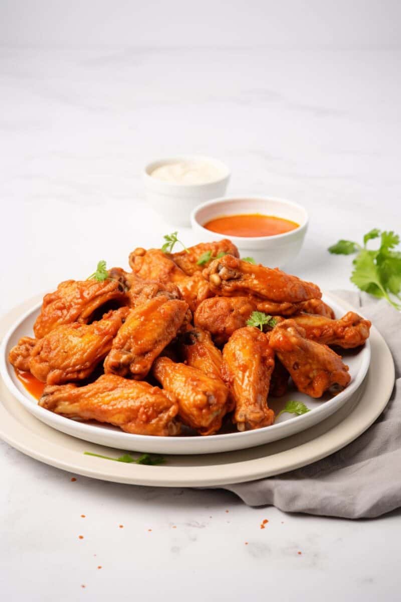 Golden-fried Buffalo Wings arranged neatly on a serving tray, glistening with hot sauce, accompanied by a small bowl of hot sauce on the side.