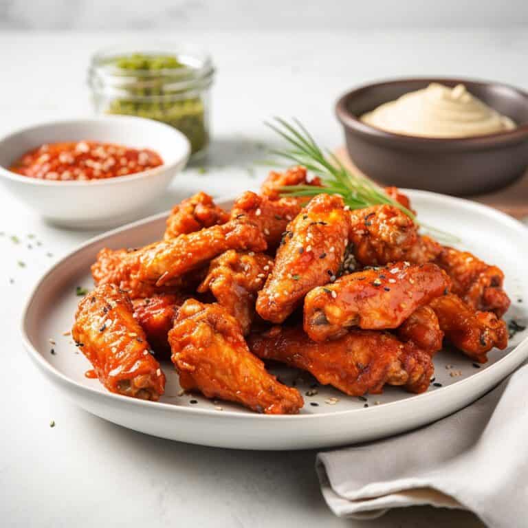 A platter of crispy Buffalo Chicken Wings, generously coated in spicy buffalo sauce, served with a side of creamy blue cheese dip.