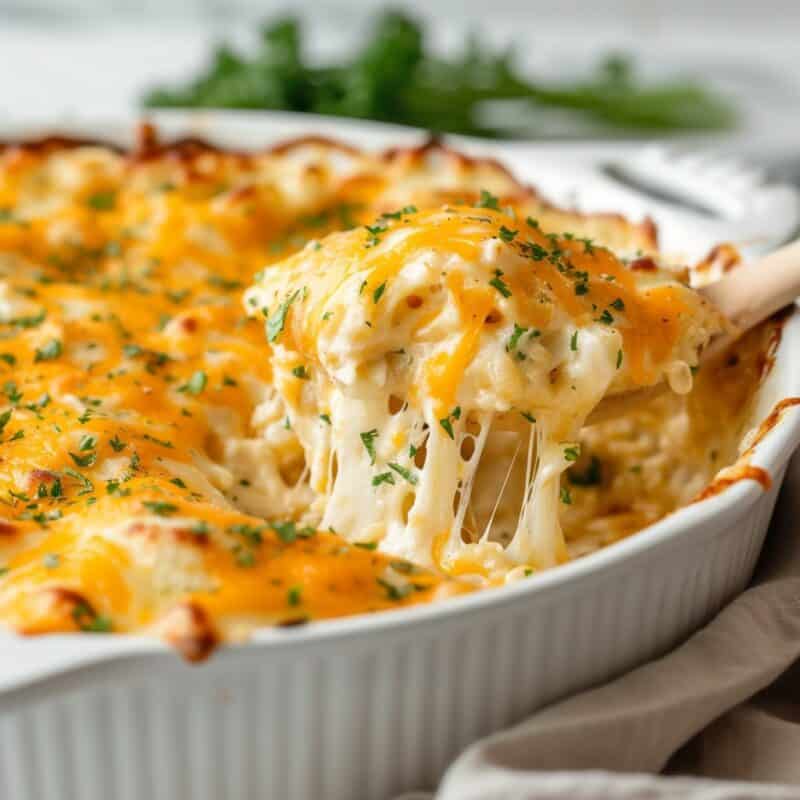 Cheesy Side Dishes: A golden-brown baked mac and cheese fresh out of the oven, with a cheese pull revealing layers of creamy, melted cheese intertwined with tender macaroni, showcasing the gooey, stringy texture that makes this dish a comfort food favorite.