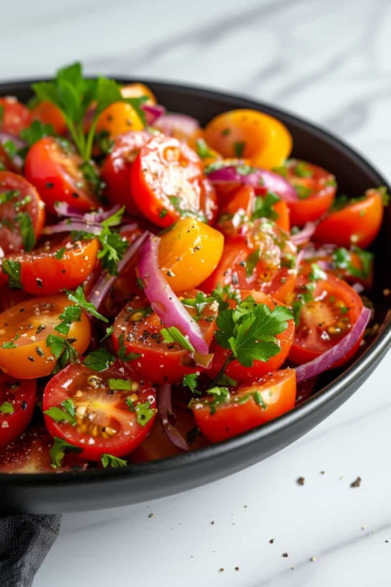 Side view of a Bright and inviting Summery Tomato Salad.