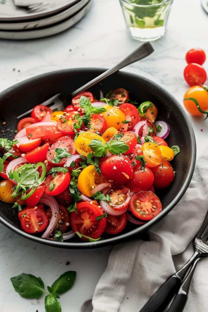 A refreshing bowl of Cherry Tomato Salad, set outdoors on a picnic table, showcasing the mix of halved cherry tomatoes, red onion, and cilantro, perfectly tossed in a homemade vinaigrette, embodying the essence of summer dining.