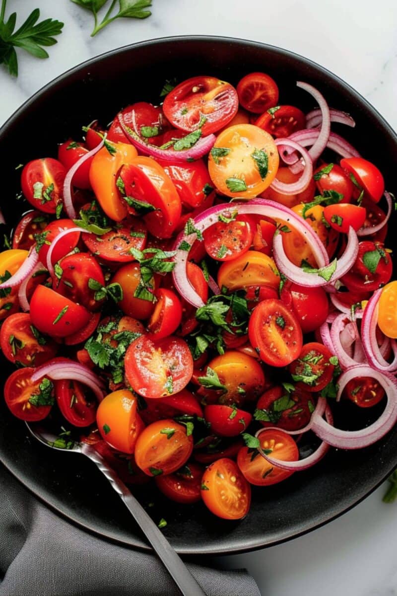 Close-up of the best summer salad, highlighting the juicy red tomatoes and crisp onions, sprinkled with green cilantro, all drizzled with a zesty red wine vinegar and olive oil dressing, ready to be served.