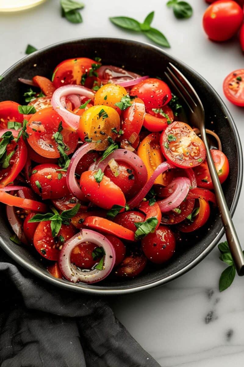 Vibrant Cherry Tomato Salad with glossy cherry tomatoes, slivers of red onion, and green cilantro leaves, dressed in a glistening vinaigrette.