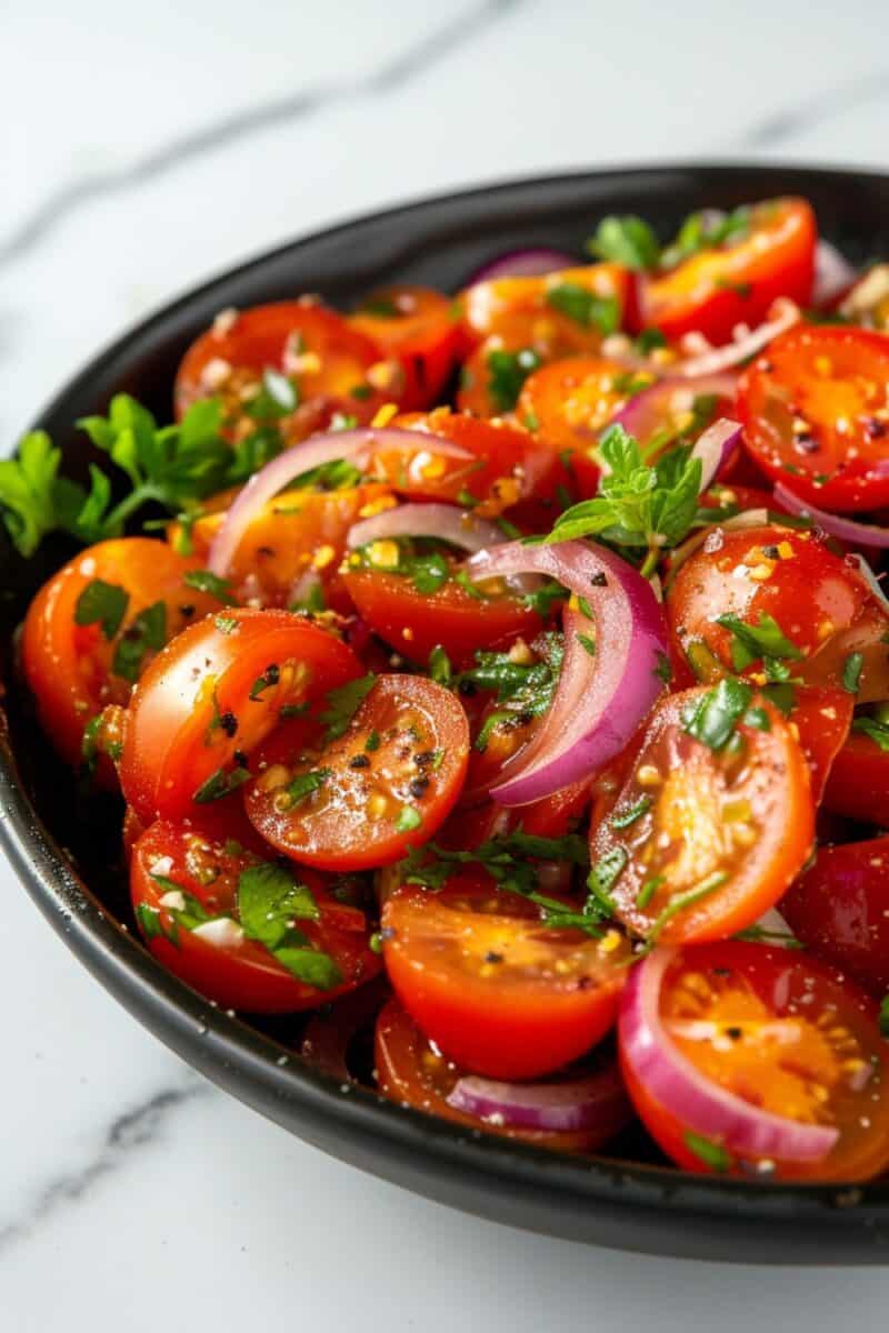 Vibrant Cherry Tomato Salad with glossy cherry tomatoes, slivers of red onion, and green cilantro leaves, dressed in a glistening vinaigrette.