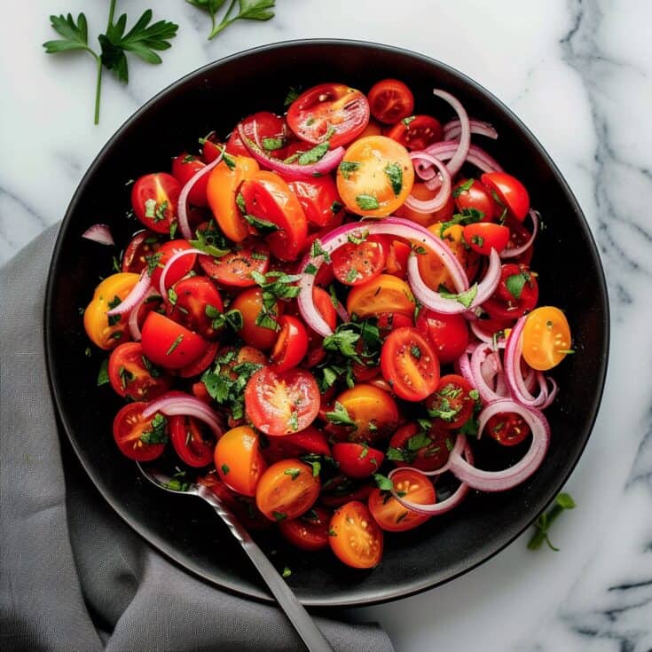 A colorful bowl of Cherry Tomato Salad, featuring halved bright red cherry tomatoes, thinly sliced red onions, and chopped fresh cilantro, all lightly coated in a homemade red wine vinegar and olive oil vinaigrette, served black bowl.