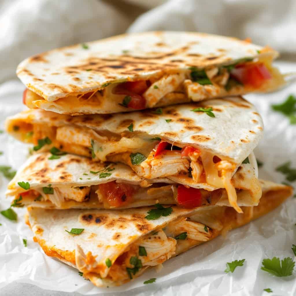 freshly made chicken quesadillas cut into triangular pieces, with melted cheese oozing from the edges. The tortillas are golden brown and crispy, filled with seasoned, grilled chicken strips. 