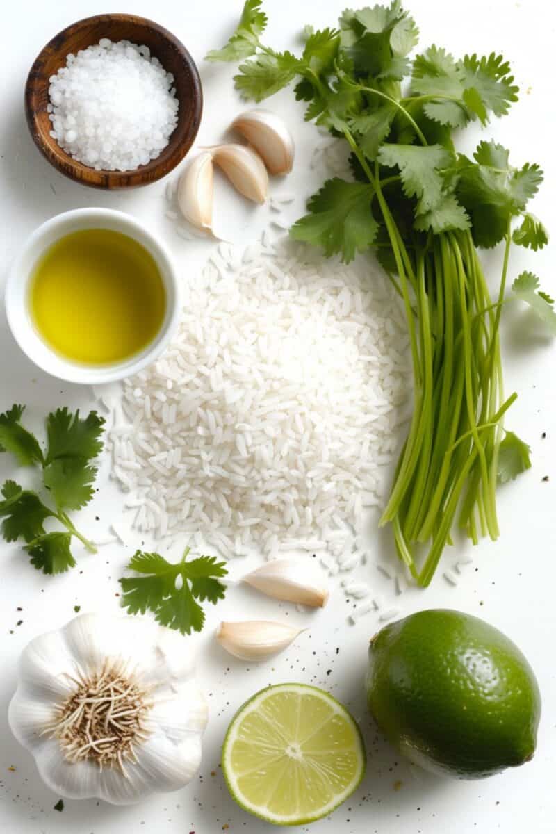 ngredients for Cilantro Lime Rice laid out: rice, olive oil, a garlic clove, fresh cilantro, lime zest, and lime juice, embodying the essence of a Mexican recipe.
