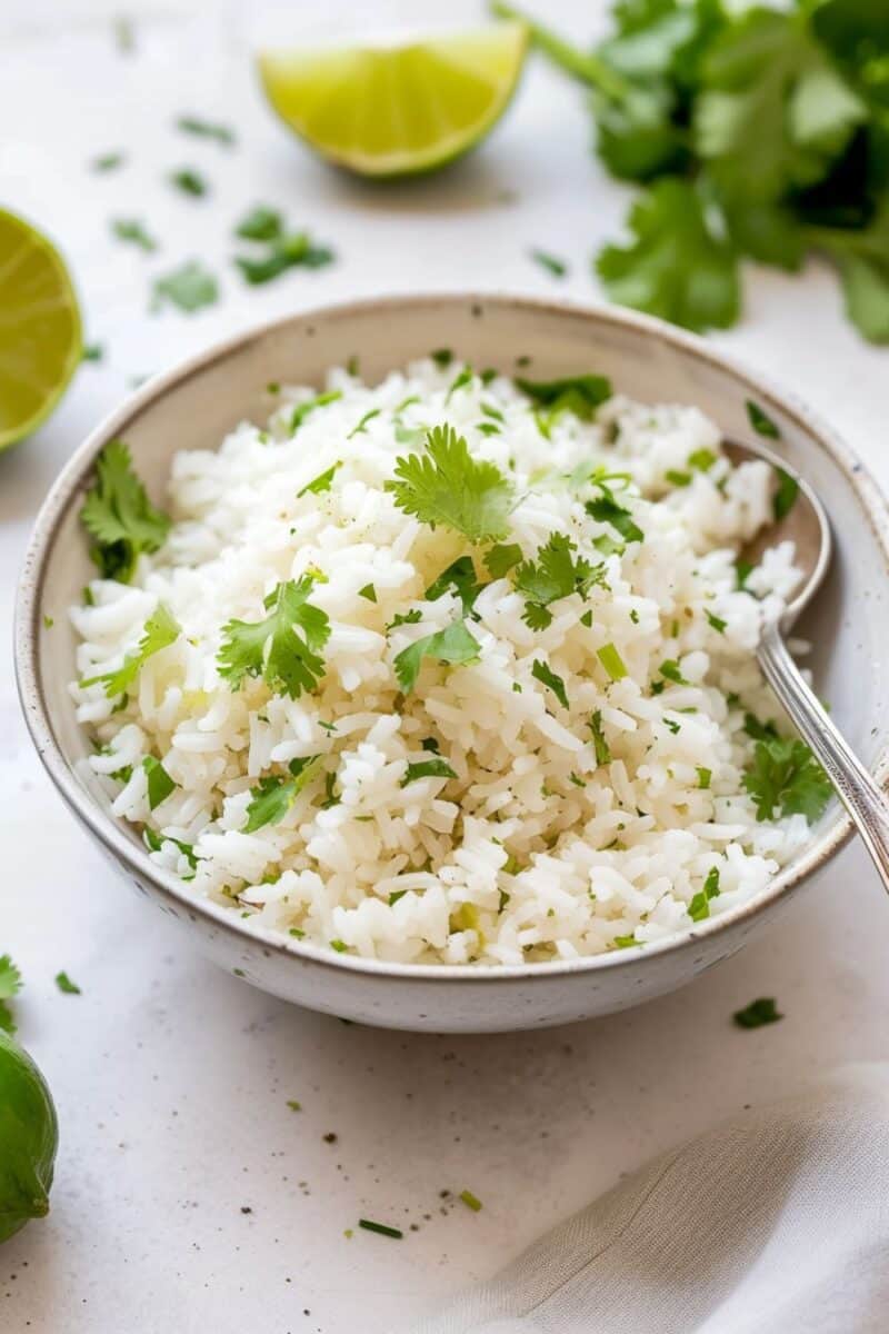A bowl of bright and zesty Cilantro Lime Rice garnished with fresh cilantro, capturing the essence of a Mexican recipe, served with a spoon.