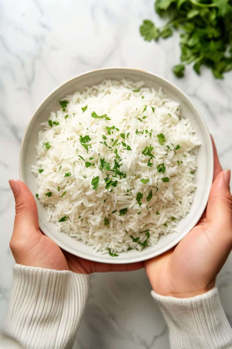 Person holding a bowl of flavorful Cilantro Lime Rice, showcasing the perfect Chipotle taste-alike side dish for a burrito bowl or Cinco de Mayo feast.