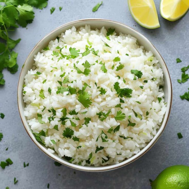 Bright and zesty Cilantro Lime Rice served as a side dish, ready to complement your burrito bowl or any Mexican food during a Cinco de Mayo feast.