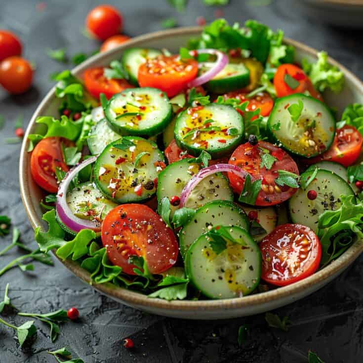 A vibrant Garden Salad featuring mixed leafy greens, halved cherry tomatoes, thinly sliced cucumber, and red onion, drizzled with a homemade apple cider vinegar and olive oil dressing, served in a large bowl, embodying freshness and health.