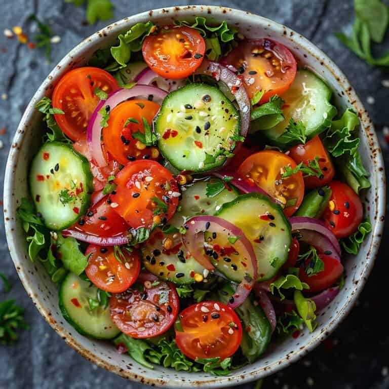 Overhead shot of a Crispy Garden Salad, with fresh leafy greens, bright cherry tomatoes, crunchy cucumber slices, and sharp red onion, all drizzled with a zesty homemade vinaigrette, ready to be enjoyed as a quick, healthy summer side.