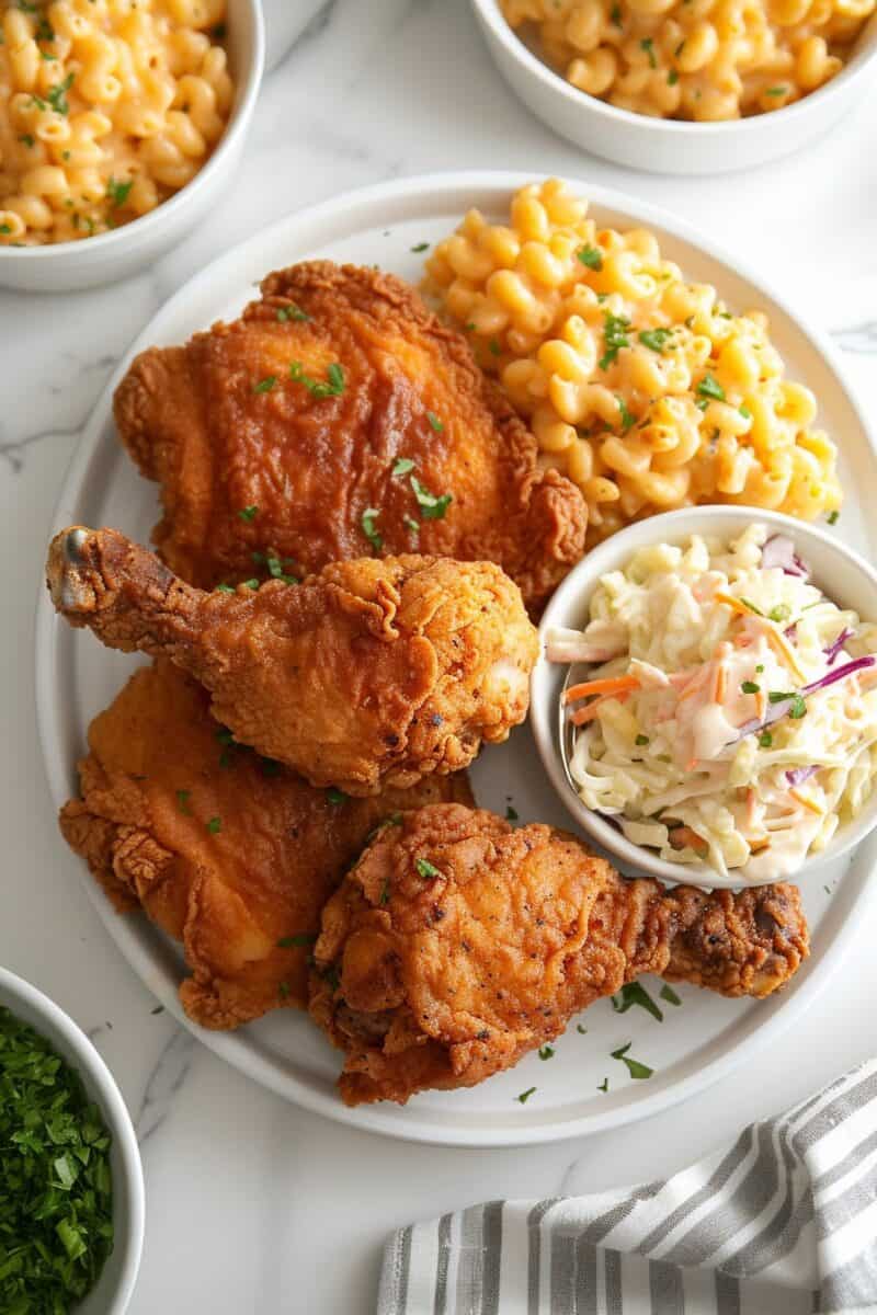 An array of colorful side dishes arranged around a central plate of crispy fried chicken, showcasing macaroni salad, roasted potatoes, creamy mac and cheese, tangy coleslaw, and a variety of fresh salads and vegetables, perfectly complementing the golden-brown chicken.