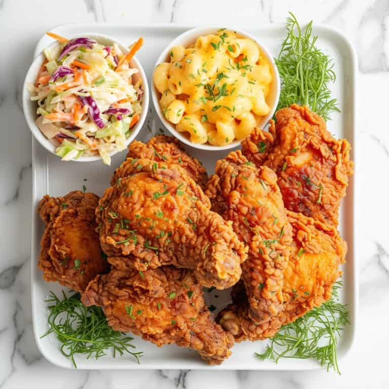An array of colorful and appetizing side dishes arranged around a central plate of crispy fried chicken, showcasing a variety of textures and flavors from creamy mac and cheese to fresh, tangy coleslaw, and golden roasted potatoes