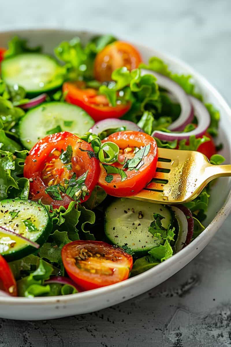 Inviting bowl of Garden Salad filled with a variety of fresh, leafy greens, cherry tomatoes, cucumber, and red onion, beautifully tossed in a simple, flavorful dressing, epitomizing a nutritious and easy-to-prepare summer side or meal.