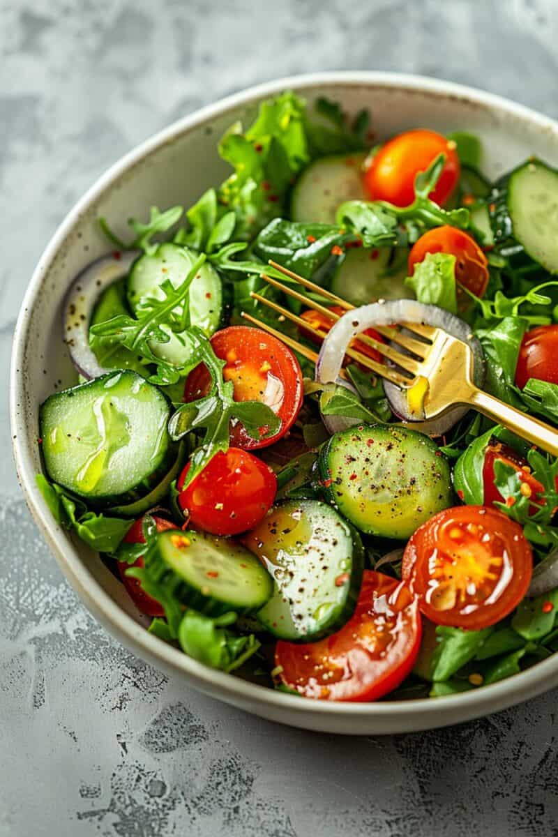  delectable Leafy Green Salad served in a large bowl, featuring a mix of tender greens, cherry tomatoes, cucumber slices, and red onion, elegantly dressed with a light, homemade vinaigrette, epitomizing a healthy and flavorful eating choice.