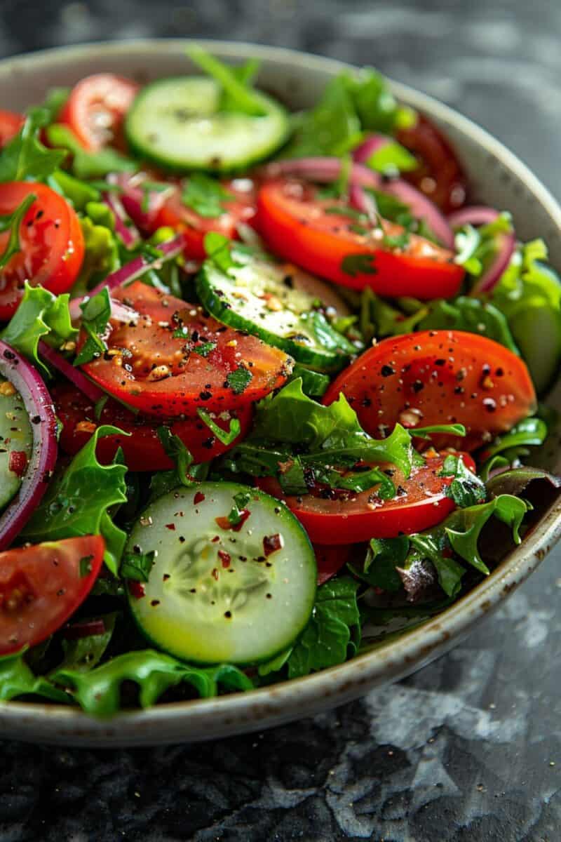 Bright and fresh Garden Salad bowl with crisp leafy greens, juicy cherry tomatoes, crunchy cucumber slices, and slivers of red onion, topped with a light, zesty vinaigrette, perfect for a summer meal.