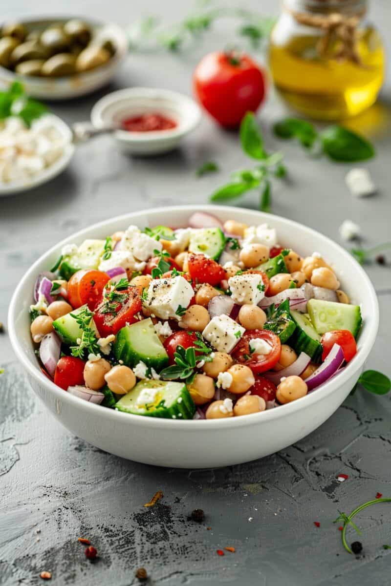 Bowl of Mediterranean Chickpea and Feta Salad with tomatoes, cucumbers, and olives, topped with herbs.
