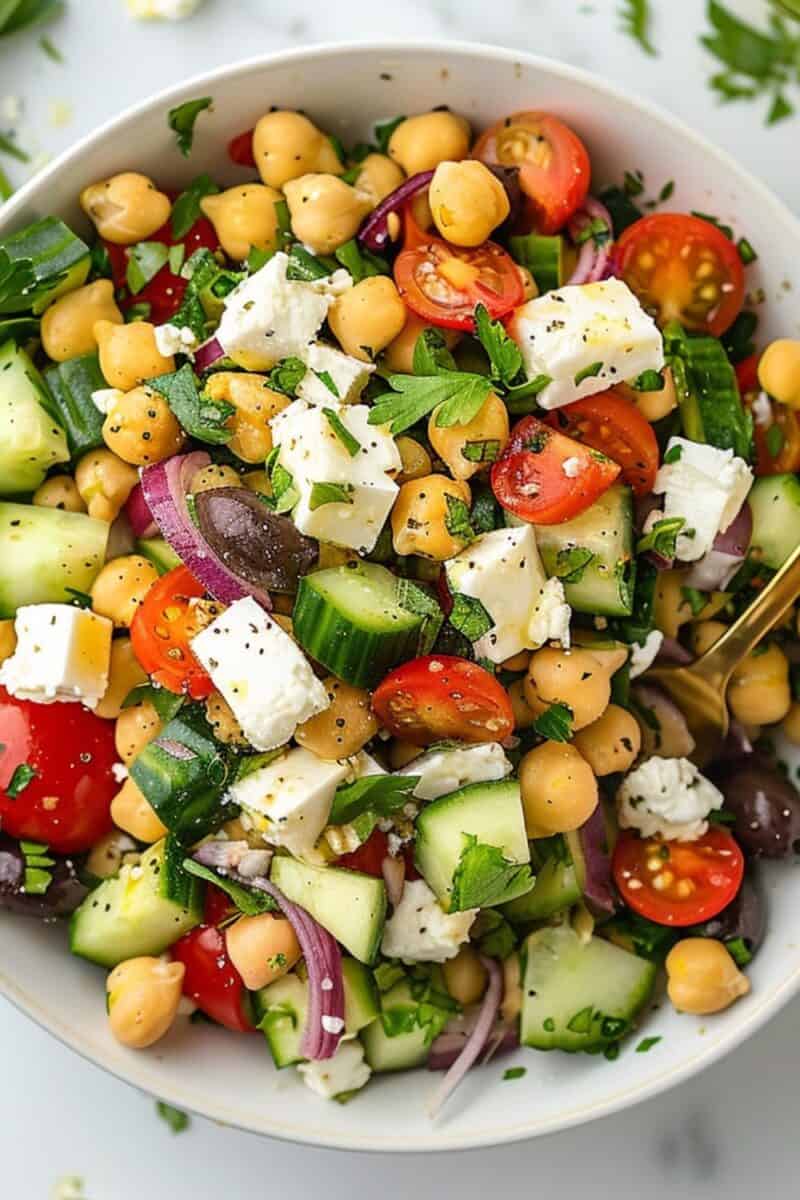 Close-up of a vibrant Mediterranean Salad with chickpeas, feta, and fresh vegetables, dressed in olive oil.