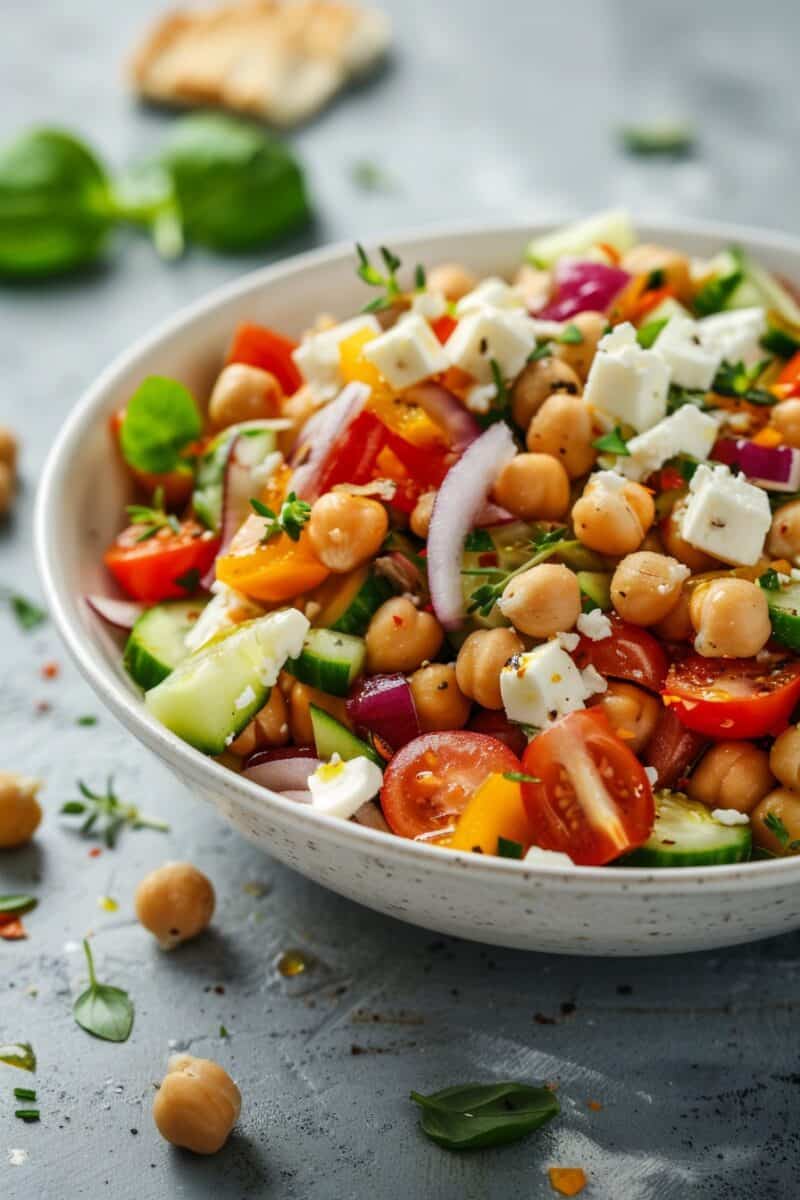 Greek Chickpea Salad with feta, tomatoes, cucumbers, and a lemon dressing.