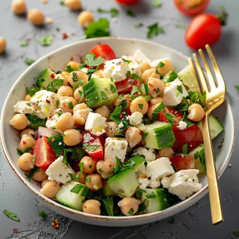 A colorful bowl of Greek Chickpea Salad, featuring chickpeas, diced cucumbers, halved grape tomatoes, crumbled feta cheese, and red onion, drizzled with lemon-oregano dressing.