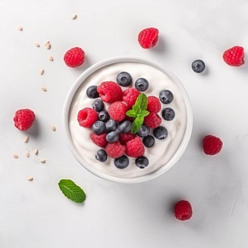 A bowl of creamy Greek yogurt topped with fresh blueberries and raspberries, ready in 5 minutes for an easy breakfast or healthy snack.