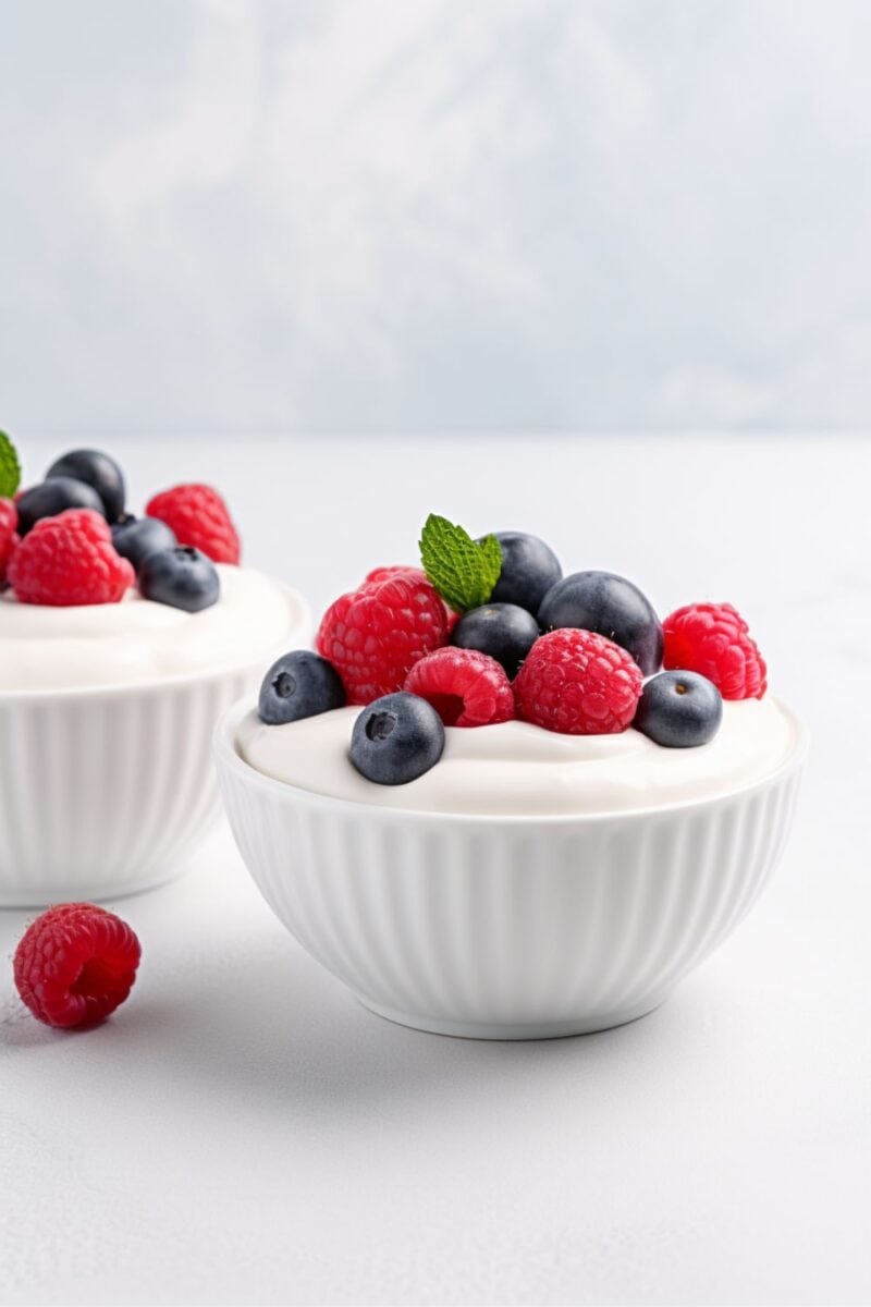 Greek yogurt with a colorful mix of blueberries and raspberries, serving as a simple recipe for a delicious and healthy dessert or brunch idea.