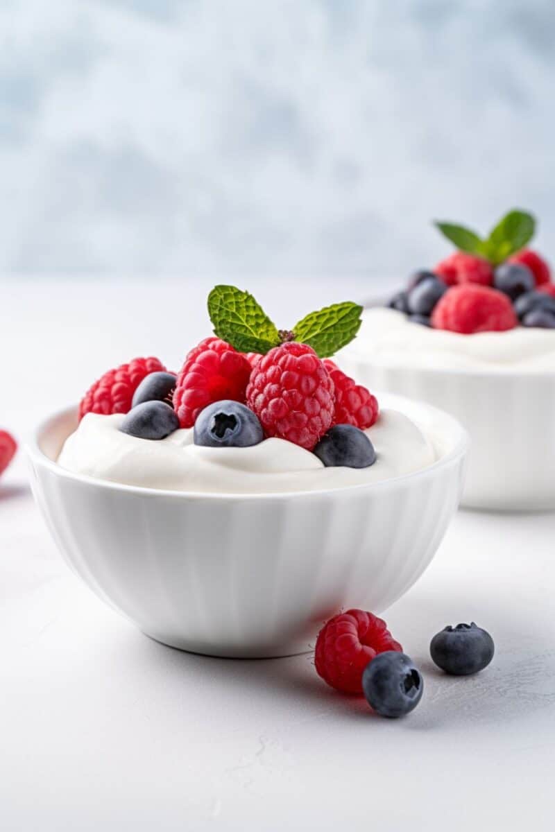 A vibrant, healthy treat of Greek yogurt & fresh berries, perfect for a quick breakfast food or a nutritious kids snack.